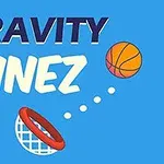 An illustration featuring the text GRAVITY LINEZ with a basketball above a hoop against a blue background, suggesting a theme related to basketball and gravitational concepts