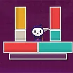 A cartoonish character with a skull face and a scythe stands on a colorful, geometric platform against a purple background, surrounded by blocks in various colors