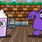 A animated purple character alongside a mischievous-looking purple milkshake with a straw, set against a brick wall, captures a playful and vibrant scene