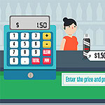 A cashier stands at a checkout counter with a digital calculator and a bottle priced at $1