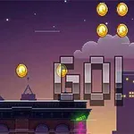 A pixelated video game scene featuring a hot dog character running on a city rooftop, collecting gold coins under a night sky with a GO!