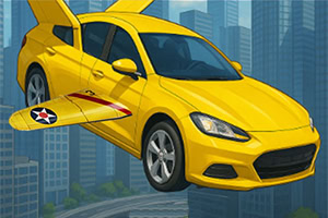 A bright yellow car with wings soaring over a modern city skyline, featuring tall buildings and a dynamic urban environment