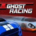 The image features a promotional graphic for GT Ghost Racing, showcasing two stylized racing cars—one blue with white stripes and another in a sleek gray design—set against a vibrant red background with the game title prominently displayed