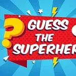 A vibrant graphic featuring the text Guess the Superhero in a playful font, surrounded by colorful comic-style elements like question marks and lightning bolts against a blue background