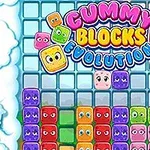 A colorful game title screen featuring various gummy block characters with expressive faces, set against a vibrant landscape background, labeled Gummy Blocks Evolution