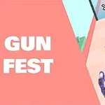 The image features a colorful gaming scene titled Gun Fest, showcasing multiple cartoon-style guns firing projectiles in a vibrant, angled environment with a score multiplier displayed