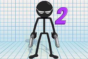 A stick figure character wearing sunglasses holds a gun in each hand, with the number 2 displayed prominently beside it against a grid background