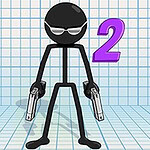 A stick figure character wearing sunglasses holds a gun in each hand, with the number 2 displayed prominently beside it against a grid background