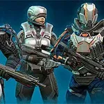 Three futuristic soldiers in high-tech, armored outfits stand side by side, each holding advanced weapons against a blue background, showcasing a sci-fi theme