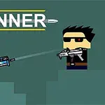 A colorful, pixel-art style scene featuring two characters, one with sunglasses and a gun, facing off against a square-headed character holding a blue weapon, with the word GUNNER prominently displayed above them