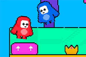 A vibrant pixel art scene featuring two cute, colorful characters—one red and one blue—navigating a playful landscape with platforms, a crown, and decorative elements against a bright blue background