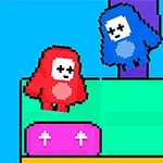 A vibrant pixel art scene featuring two cute, colorful characters—one red and one blue—navigating a playful landscape with platforms, a crown, and decorative elements against a bright blue background