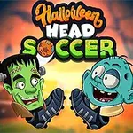 The image features a colorful logo for the game Halloween Head Soccer, showcasing cartoonish characters resembling a zombie and a Frankenstein monster playing soccer in a lively, spooky setting