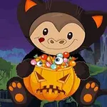 A playful cartoon character dressed as a black cat, holding a jack-o-lantern filled with colorful candy and sweets, set against a whimsical Halloween-themed background