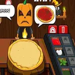 A cartoonish pumpkin-headed character expresses frustration while preparing a pizza in a cozy, Halloween-themed kitchen, complete with a large dough base and various toppings displayed