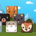 A colorful illustration featuring six cute animal-themed square icons set against a bright blue sky and green mountains, showcasing a squirrel, bear, rodent, rabbit, hamster, and hedgehog