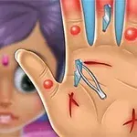 The image depicts a cartoon-style hand with multiple injuries, including cuts and red spots, alongside a pair of tweezers and blood marks, conveying a playful theme of medical treatment