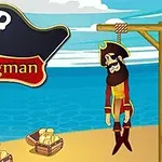 A cartoon-style image featuring a pirate character hanging from a gallows, with a treasure chest nearby, set against a beach and ocean backdrop, along with the title Hangman displayed in bold letters above