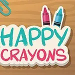 A playful graphic featuring colorful crayons and the text HAPPY CRAYONS against a wooden background, perfect for childrens art supplies or educational themes