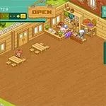 A colorful, animated interior scene of a restaurant or café featuring wooden tables, an open sign, and a counter with various food items, showcasing a pixel art style