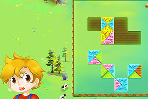 A young boy with blonde, wavy hair looks thoughtfully at colorful puzzle pieces arranged on a grassy background, featuring cows and trees in a vibrant landscape