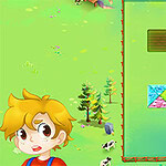 A young boy with blonde, wavy hair looks thoughtfully at colorful puzzle pieces arranged on a grassy background, featuring cows and trees in a vibrant landscape