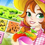 A cheerful girl with red hair wearing a straw hat holds colorful vegetables while interacting with a colorful, cartoon-style farm game interface featuring various tiles of farms, plants, and decorations