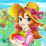 A cheerful farmer girl in a straw hat holds fresh vegetables, set against a vibrant countryside background featuring a windmill, rolling hills, and whimsical robotic characters tending to the land