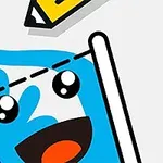 A playful cartoon character with large eyes and a smiling face is holding a pencil, while a blue liquid is being drawn from above, illustrating a fun and creative scene