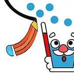 A cartoonish character with a cheerful expression is depicted next to a glass filled with blue liquid, while colorful bubbles float above and a straw is positioned beside it, creating a playful and vibrant design