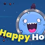 A cheerful blue character with a wide smile and big eyes is featured in the center of the image, surrounded by colorful bubbles and geometric shapes, with the text Happy Hopper prominently displayed in bold, playful lettering