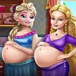 Two animated princesses, resembling characters with long hair and festive outfits, happily pose in a kitchen, both noticeably pregnant, with colorful decor and kitchenware in the background