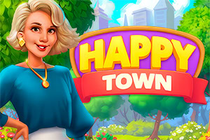 A smiling woman with short blonde hair and a blue top stands in a lush green park, framed by bright trees and colorful foliage, with a large, stylized text reading HAPPY TOWN above her