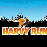 The image features a colorful game logo for Harvy Runner, showcasing a small character running against a bright blue sky and dark grass silhouette background