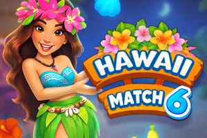 Smiling Hawaiian woman in a flower crown and hula outfit beside a colorful HAWAII MATCH 6 logo