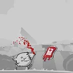 A cartoonish, small bird runs through a gray landscape, trailing blood, while dragging a red medical bag marked with a cross