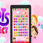 A colorful and playful game interface featuring a heart-matching puzzle game called Hearts Connect, with bright pink backgrounds, cute characters, and various heart icons displayed on a tablet