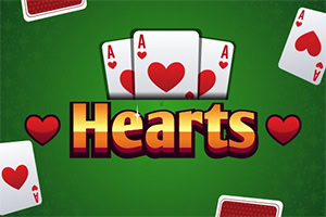 A green background featuring playing cards with heart suits and the word Hearts in bold, colorful letters, accompanied by decorative heart icons