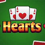 A green background featuring playing cards with heart suits and the word Hearts in bold, colorful letters, accompanied by decorative heart icons