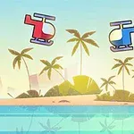 A whimsical illustration featuring two colorful cartoon helicopters flying above a tropical island adorned with palm trees and a calm blue sea