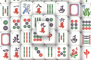 A colorful arrangement of Mahjong tiles featuring various symbols, including bamboo, circles, characters, and a bird design