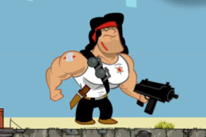 A cartoonish muscular character with a headband, wearing a tank top and armed with a submachine gun, poised for action in a vibrant game environment