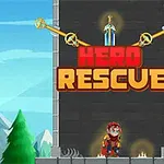 A colorful game graphic featuring a heroic character in armor standing below the title HERO RESCUE, with a tower backdrop and keys above, set against a scenic mountain landscape and bright blue sky