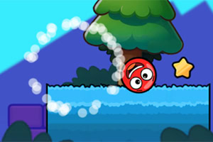 A red ball character bouncing near a tree and a star over a blue platform with a colorful background