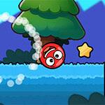 A red ball character bouncing near a tree and a star over a blue platform with a colorful background