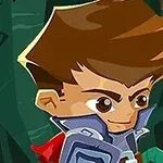 A cheerful, cartoon-style young adventurer with spiky brown hair, a blue jacket, and a confident expression, set against a whimsical forest background