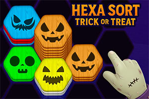 Hexa Sort Trick or Treat A colorful assortment of hexagonal tiles featuring Halloween-themed designs, including pumpkin faces and a skull, alongside a hand with a bandaged finger, all set against a dark, hexagonal background