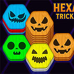 Hexa Sort Trick or Treat A colorful assortment of hexagonal tiles featuring Halloween-themed designs, including pumpkin faces and a skull, alongside a hand with a bandaged finger, all set against a dark, hexagonal background