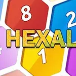 The image features the title HEXALAU prominently displayed in bold green letters, surrounded by colorful hexagonal tiles, each showing various numbers (1, 2, 4, 8) against a vibrant background