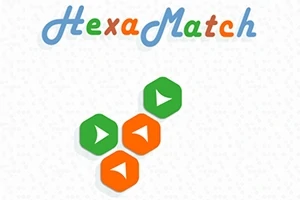 The image features the title HexaMatch in a colorful font, accompanied by vivid hexagonal shapes in green, orange, and blue, depicting play buttons